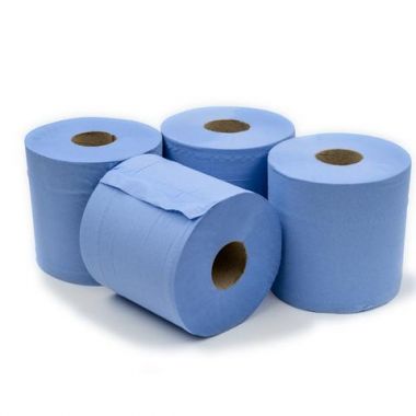 48 PACK 2 PLY BLUE EMBOSSED CENTRE FEED PAPER WIPE ROLLS 